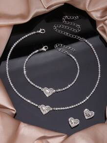 Fashion Full Rhinestone Jewelry Set Earrings, Necklace, Bracelet, Crumpled Heart Pendant, Party/Wedding Gift Accessories For Women