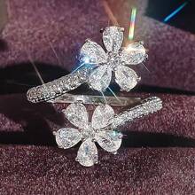 1 件优雅花朵戒指，女士方晶锆石开口花朵戒指，婚礼珠宝 - 銀色 - 查看 1