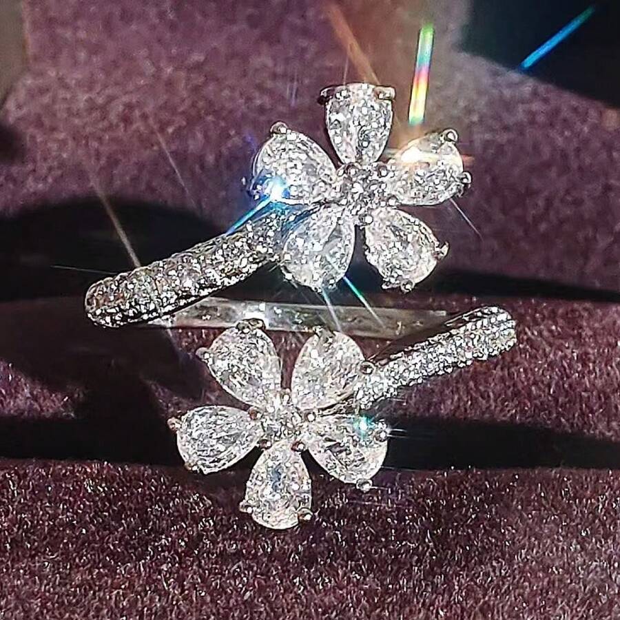 1 件优雅花朵戒指，女士方晶锆石开口花朵戒指，婚礼珠宝 - 銀色 - 查看 1