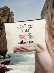 姐妹伴娘伴娘主题印花拉链化妆包，百搭黑白麻布化妆包，婚礼旅行洗漱用品收纳包，便携化妆包，多功能包，旅行化妆包，花朵字母图案拉链收纳包