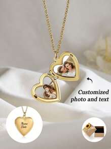 1pc Customizable Heart-Shaped Locket Necklace With Photo, Father Day Gift,Fathers Dad Gift,Picture Necklace,Custom Chain,Ideal For Family, Couples, And Pets, Suitable For Daily Wear, Birthday, Valentine's Day, Anniversary Celebration, Gift For Boyfriend, Girlfriend, Spouse - Gold - View 1