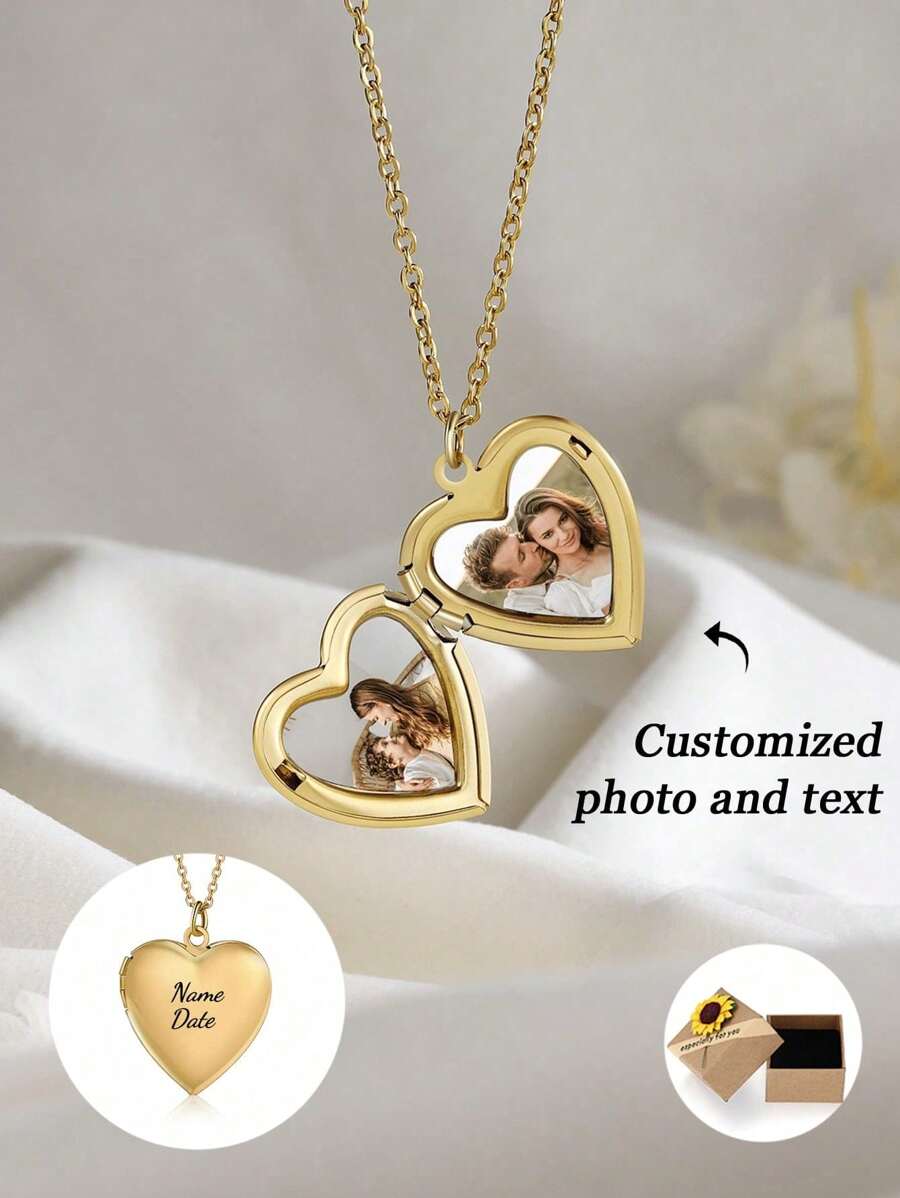 1pc Customizable Heart-Shaped Locket Necklace With Photo, Father Day Gift,Fathers Dad Gift,Picture Necklace,Custom Chain,Ideal For Family, Couples, And Pets, Suitable For Daily Wear, Birthday, Valentine's Day, Anniversary Celebration, Gift For Boyfriend, Girlfriend, Spouse - Gold - View 1