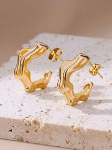 1 par de pendientes irregulares en forma de C para mujeres, de color dorado, de acero inoxidable con diseño geométrico de onda, regalos de joyería para bodas y fiestas - Multicolor - Ver 6