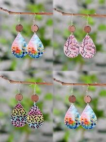 1 Cặp Hoa tai mặt hình giọt nước họa tiết hoa và báo nhiều màu sắc cổ điển dành cho nữ, Hoa tai hai mặt bằng PU cá nhân hóa cho mùa xuân/hè, ngày lễ và Ngày của Mẹ - Nhiều màu - Xem 1