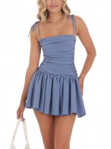 Women's Tie Strap Mini Dress Zipper Back Solid Color Sleeveless Backless Slim Ruched A-Line Dress Thankgiving - Blue - View 3