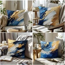 4 stuks blauw, wit en gouden abstracte schilderij illustratie patroon decoratieve kussensloop set, zachte perzikhuid pluche stof, enkelzijdige print 45*45cm, geschikt voor woonkamer, slaapkamer, bank, cadeau