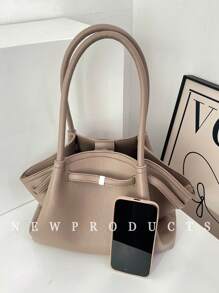 1pc Solid Color PU Leather Shoulder Bag For Women, Vintage Fashion Large Capacity Handbag With Double Handles And Snap Closure, Suitable For Travel, Shopping, Dating, Gift For Ladies, Fit For Teenagers, College Girls, Office Workers, Suitable For Office, School, Work, Business, Commute, Outdoor, Travel, Outing - Khaki - View 4