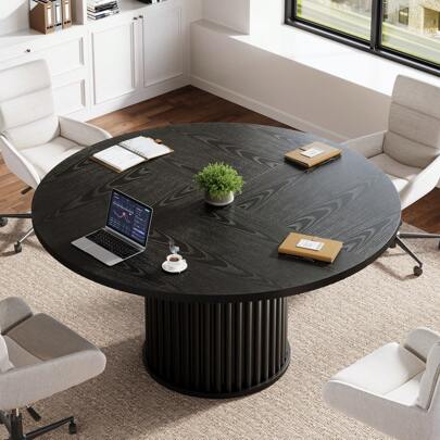 LITTLE TREE 47-Inch Round Conference Table, Black Wooden Meeting Table For 4-6 People, Compact Office Desk With Sturdy Metal Base, Ideal For Conference Rooms Or Small Workspaces
