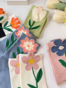 1/5双可爱花朵图案女士中筒袜。休闲女士袜子。透气袜子，秋季 - 彩色 - 查看 5