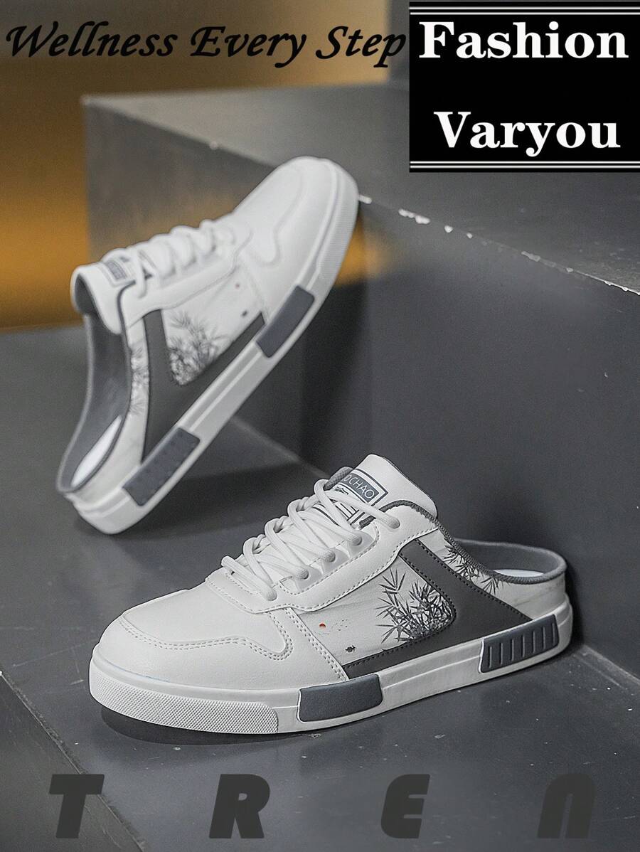 Plus Size Men Fashion Solid Color Single-Layer Lace-Up Slip-On Skate Shoes, Casual Breathable Non-Slip Walking Shoes, With Hook & Loop Fastener, Sports Campus Style Sneakers, Casual Student Shoes - Grey - View 1