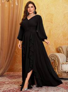 Plus Size V-Neck Chiffon Lantern Sleeve Pleated Panel Floral Trim Flare Hem Party Dress,Modest - màu đen - Xem 3