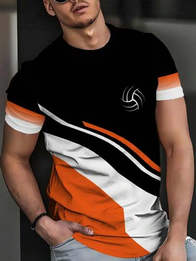 男士3D数码印花T恤 - 夏季休闲圆领短袖针织衫，100%涤纶，略带弹性，常规版型，周末休闲套头衫 - 黑白图案