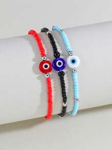 3 pièces Style resort de plage bohème Perles de riz noires uniformes de taille moyenne avec yeux en verre Bracelet de cheville élastique pour femmes