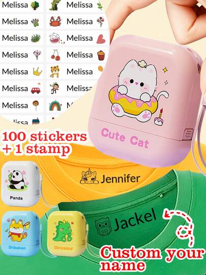 100 pegatinas personalizadas con nombre + 1 sello personalizado con nombre a prueba de agua, adecuado para ropa, sello de firma manuscrita personalizada, sello de nombre de dibujos animados personalizado, sin necesidad de planchar, reutilizable, lindo, colorido, personalizable, único, regalo ideal para él/ella, familia, amigos