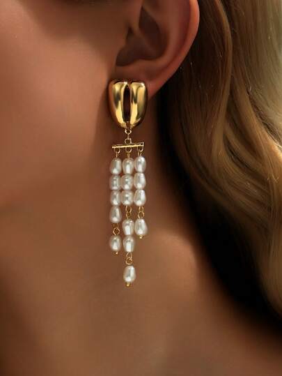 2pcs Fashionable Colorful European & Retro Style Resin Small Stone, Dopamine Inspired Baroque Pearl Tassel Clip-On Earrings, Women Wear For Daily Match Any Beautiful Outfit