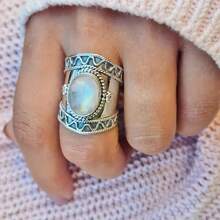 Boho Vintage Wide Band Statement Ring, Moonstone & Antique Silver Plated, Fashionable For Engagement, Anniversary, Birthday, Party, Vacation, Valentine's Day Jewelry Gift