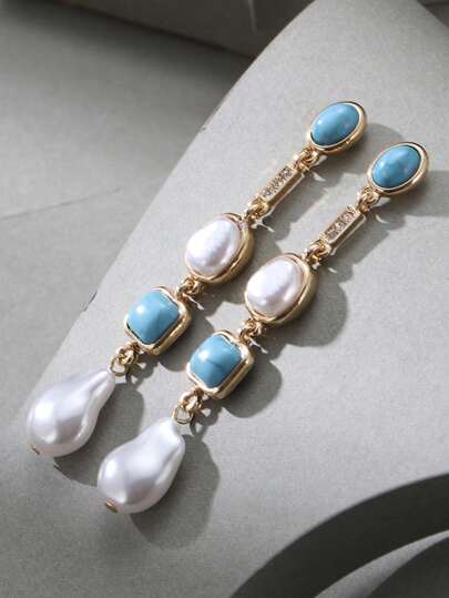 1 对复古优雅绿松石仿珍珠流苏耳环，适合女士佩戴，适合节日、生日、约会、聚会、度假、休闲外出和通勤