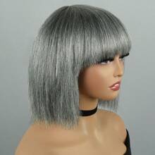 Mixed Gray Human Hair Bob Wigs With Bangs Full Machine Made Wigs For Woman Grey Pixie Cut Human Hair Wigs Pixie Cut Wigs With Bangs