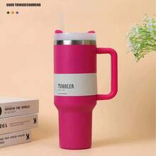 Vaso de 40 oz H2.0 con asa, botella de agua de acero inoxidable con aislamiento al vacío de doble pared, artículos de bebida de verano de primera calidad, frasco práctico portátil, taza de viaje, taza de café helado para acampar al aire libre, senderismo, conducción, viajes, - Rosa Fucsia - Ver 2