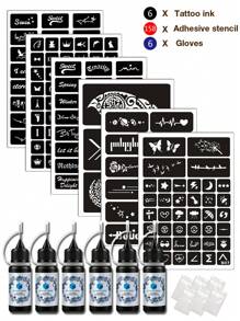 12 件装指甲花纹身模板和染料套装（6 个 A4 尺寸纹身模板 + 6 瓶纹身指甲花染料）男女各式设计，半永久性手指、手腕、肩膀、颈部、锁骨身体彩绘，防水临时纹身模板套装 - 黑色 - 查看 5