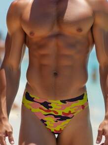 Fashion Sexy Men's Swimtrunks, Tropical Print Quick-Drying Men's Beach & Pool Swimwear, Men's Swimwears Tropical Print Bulge Enhancing Briefs,Hawaiian