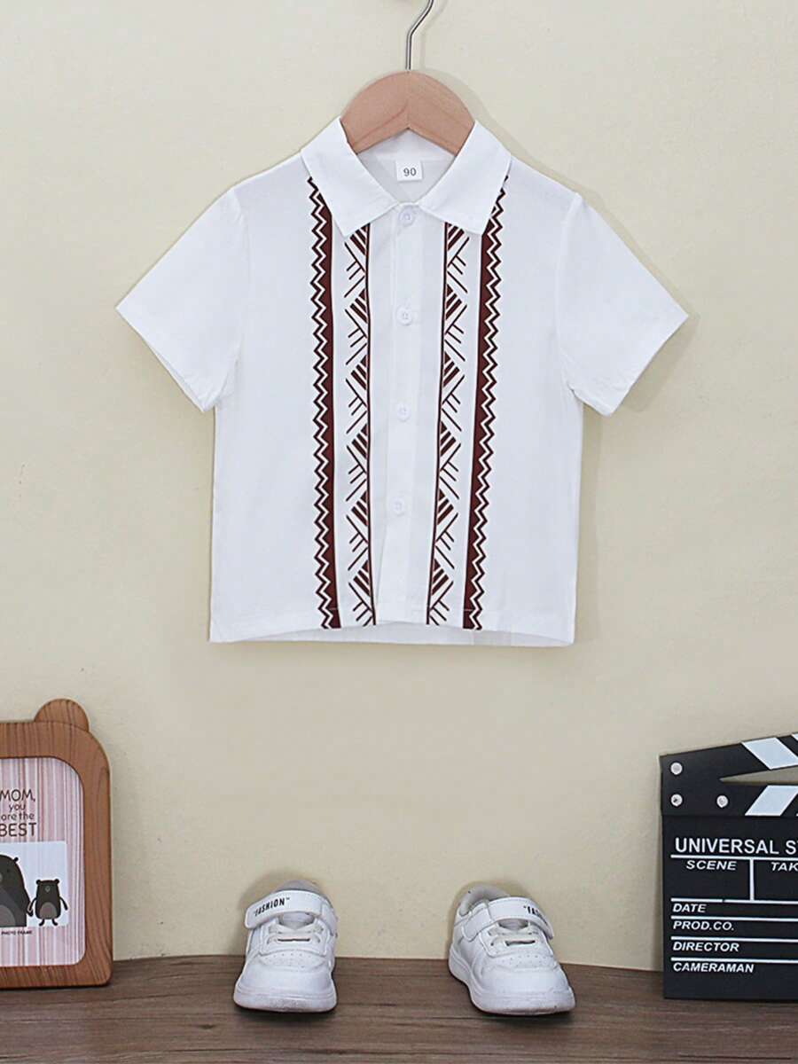 男童绅士对称波浪图案短袖衬衫，翻领，前扣，夏季儿童服装