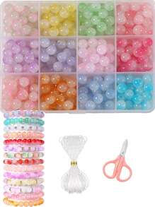 1 Box 8mm Random Color Crackle Crystal Glass Beads For Jewelry Making - Includes Glass Beads, Crystal Cord, Scissors, Spacers