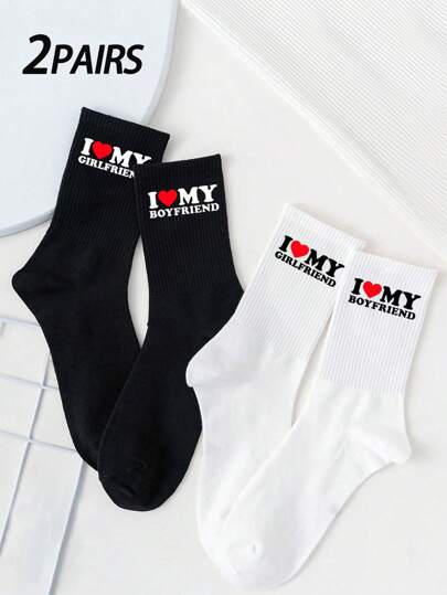 2 Pairs Couple Crew Socks, White Heart Pattern, Minimalist & Fashionable, Cute & Comfortable, Moisture-Wicking, Back To School, Fall