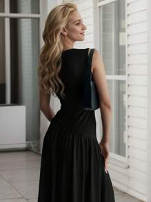 hoteel Chic Simple Design Sleeveless Tank A-Line Long Dress, Crew Neck Slim Top Wide Hem Waist Pleated, Woman Cothes - 黑色 - 查看 2