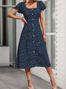 Chic Ditsy A-Line Midi Dress, Button Front Design Short Sleeves Hem Split, Woman Clothes - Navy - View 4