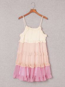 Acelitt 渐变对比渐变色瑞士圆点褶皱多层迷你连衣裙