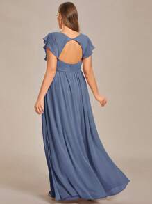 Plus V Neck Plain Backless High Waist Pleated Blue Formal Dresses For Bridesmaid - Dusty Blue - View 3
