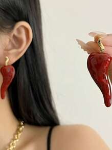 1 Pair Unique Eccentric Red Chili Pepper Dangle Earrings, Fashion Statement Jewelry