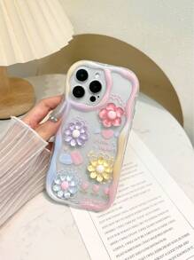 2 stuks DIY crème patroon golvende rand vernis schilderij extra bedrukte cartoon 3D bloem strik beschermhoes, compatibel met iPhone, Galaxy, Redmi