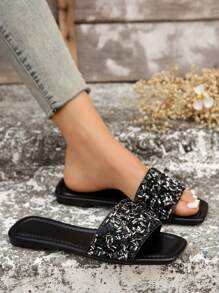 Pearl & Rhinestone Embellished Women's Open Toe Slip On Sandals, French & Korean Style, Plus Size 41-42-43, Lightweight Luxury, Suitable For Summer Beach Holiday