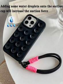 Casing Ponsel Silikon Multifungsi Peredam Guncangan Model Hisap Warna Pink Hitam dengan Tali Gantungan, Kompatibel dengan iPhone 16/16E/12/13/14 Pro Max Series, Hadiah Ulang Tahun, Pesta, Perayaan - Hitam - View 4