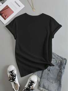 Music Letter Print T-Shirt, Short Sleeve Crew Neck Casual Top For Summer & Spring, Women's Clothing Tee For Adult, Men, Women, Teen, Teenager, Adolescent, Youth - màu đen - Xem 5