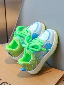 Girls' Colorful Contrast Neon Green Skateboard Style Casual Sports Sneakers, New Kids White Shoes