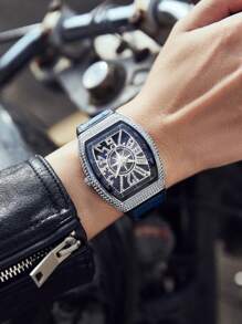 Hochwertige Diamanten Herrenuhr, im Retro-Stil mit großem Zifferblatt, Kalender, tonnnenförmigem Gehäuse und Lederarmband, Business Armbanduhr