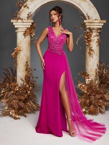 优雅奢华 V 领透明无袖蕾丝贴花亮片鱼尾下摆开衩薄纱长裙晚宴派对婚礼宾客伴娘舞会礼服，适用于婚礼、晚宴、鸡尾酒会、度假、舞会、节日、晚礼服、正式礼服 - 玫紅色 - 查看 3