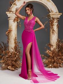 优雅奢华 V 领透明无袖蕾丝贴花亮片鱼尾下摆开衩薄纱长裙晚宴派对婚礼宾客伴娘舞会礼服，适用于婚礼、晚宴、鸡尾酒会、度假、舞会、节日、晚礼服、正式礼服 - 玫紅色 - 查看 7