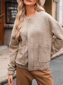 2025 Spring New Women's Lightweight Jacket, Solid Color 3D Printed Zipper Long Sleeve Coat - Beige - View 3