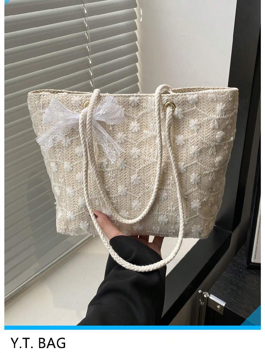 1pc Lace Trim Knit Mesh/Paper Material Large Capacity Zipper Decor Shoulder Tote Bag, Suitable For Women Summer Beach Travel - Beige - View 1