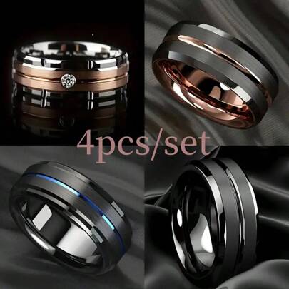 4pcs Titanium & Stainless Steel Rings, Unisex Rings, Memorial Gifts For Friends, Wedding Engagement Bands