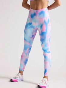 女式高腰蓝色和粉色扎染瑜伽裤，带口袋，透气修身，适合训练和健身，棉花糖数码印花跑步/健身紧身裤，可休闲穿着 - 粉色 - 查看 3