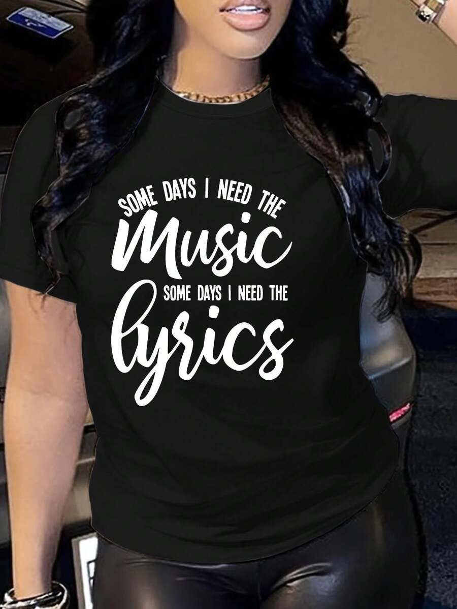 Music Letter Print T-Shirt, Short Sleeve Crew Neck Casual Top For Summer & Spring, Women's Clothing Tee For Adult, Men, Women, Teen, Teenager, Adolescent, Youth - màu đen - Xem 1