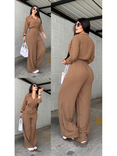 Mono informal elegante de manga larga con cuello abotonado y pierna ancha para mujer