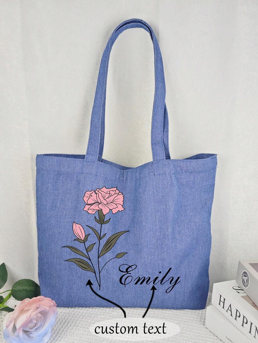1pc Customized Birthday Flower Text Personalized Canvas Tote Bag, Denim Bag, Large Capacity Shoulder Bag, Casual Canvas Bag For Women, Suitable For Commuting, Shopping, Travel, Dating, Back To School, Gift For Friends, Teachers' Day, Birthday, Anniversary