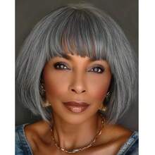 Mixed Gray Human Hair Bob Wigs With Bangs Full Machine Made Wigs For Woman Grey Pixie Cut Human Hair Wigs Pixie Cut Wigs With Bangs