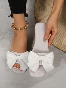 Women Flat Sandals Linen Bow Slip-On Comfortable Casual Vacation Flat Shoes - White - View 2